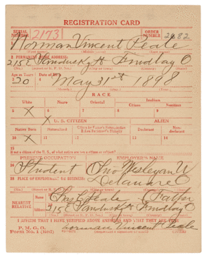 World War I Draft Registration Card for Norman Vincent Peale - NARA - 641782