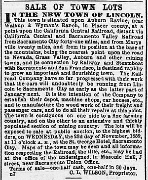 1859-1121 Sacramento Daily Union Ad Lincoln town lots sale