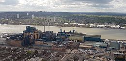 2018 LCY, aerial view of Tate & Lyle, Silvertown (cropped)