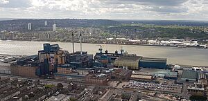 2018 LCY, aerial view of Tate & Lyle, Silvertown (cropped)