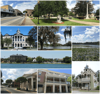 Top, left to right: Downtown Lake City, Columbia County Courthouse, Lake Isabella, Lake Montgomery, Lake DeSoto, Marion Street, Hotel Blanche, T. G. Henderson House