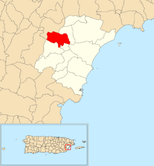 Location of Mabú within the municipality of Humacao shown in red