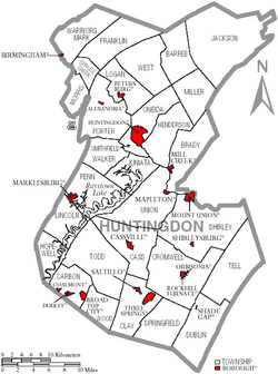 Map of Huntingdon County Pennsylvania With Municipal and Township Labels