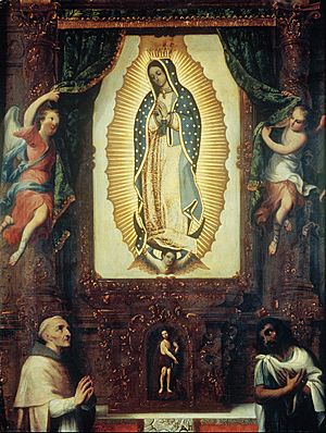 Miguel Cabrera - Altarpiece of the Virgin of Guadalupe with Saint John the Baptist, Fray Juan de Zumárraga and Juan Diego - Google Art Project