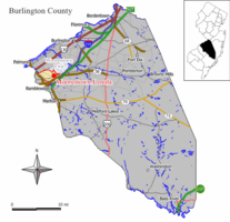 Map of Moorestown-Lenola CDP in Burlington County. Inset: Location of Burlington County in New Jersey.