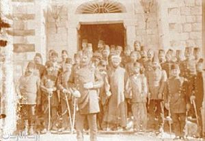 Ottoman officers in front of the Karak Saraya in Transjordan 1910