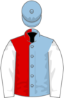 Light blue and red (halved), white sleeves, light blue cap