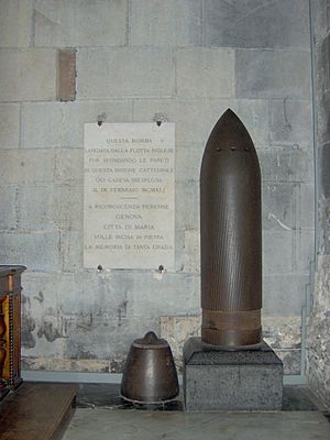 Unexploded shell in the cathedral in Genoa (Italy).jpg