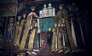Aaa001 Constantin Brâncoveanu and family mural from 1709 at Hurezi monastery