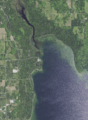 Aerial view of the Mink River and Rowleys Bay, Door County, Wisconsin 2020