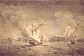 British burning warship Prudent and capturing Bienfaisant. Siege of Louisbourg 1758. Maritime Museum of the Atlantic, M55.7.1