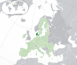 Location of  Denmark proper  (dark green)– on the European continent  (green & dark grey)– in the European Union  (green)