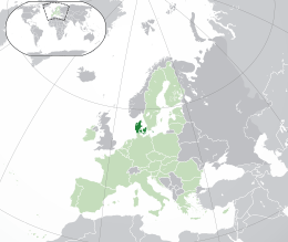 Location of  Denmark  (dark green)– on the European continent  (green & dark grey)– in the European Union  (green)  —  [Legend]