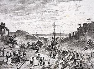 Garibaldi and his men carrying boats from Los Patos lagoon to Tramandahy lake during the Rio Grande do Sul War.