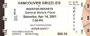 Houston Rockets at Vancouver Grizzlies 2001-04-14 (ticket)