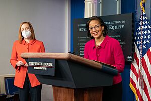 Jen Psaki looks on as Susan Rice delivers remarks during a briefing, 2021-01-26 (50912590867)