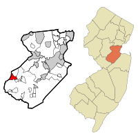 Map of Heathcote CDP in Middlesex County. Inset: Location of Middlesex County in New Jersey.