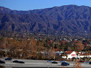 I-210 in Monrovia with San Gabriel Mountains in the background.