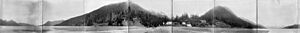 Panorama showing Bird Point on Turnagain Arm, buildings at Kern Creek, and end of Alaska Northern Railway at Mile 71, Alaska (AL+CA 5525)