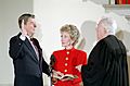President Ronald Reagan Being Sworn in for a Second Term by Chief Justice Warren Burger as Nancy Reagan Observes during the Private Ceremony at the White House