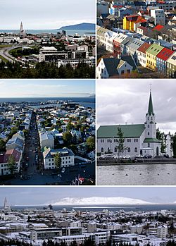 From upper left: View of old town and Hallgrímskirkja from Perlan, rooftops from Hallgrímskirkja, Reykjavík from Hallgrímskirkja, Fríkirkjan, panorama from Perlan