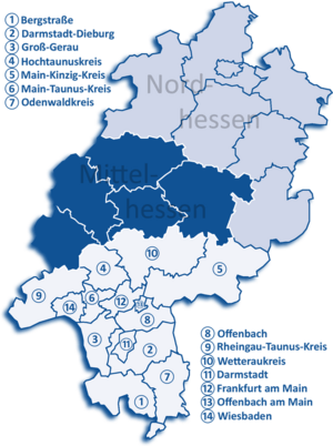 Map of Hesse highlighting the  Regierungsbezirk of Darmstadt