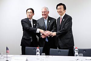 Secretary Tillerson, Japanese Foreign Minister Kishida, and South Korean Foreign Minister Yun Pose for a Photo Before Their Trilateral Meeting in Bonn (32897966296)