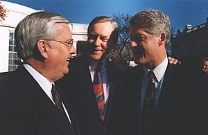 Senator Orrin Hatch introduces President Bill Clinton to LDS Church leader M. Russell Ballard