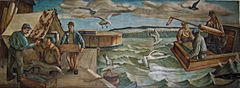 Fishermen drying a net and hauling lake trout; 1940 mural in the Sturgeon Bay Post Office.