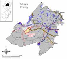 Map of Succasunna-Kenvil CDP in Morris County. Inset: Location of Morris County in New Jersey.