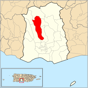 Location of barrio Tibes within the municipality of Ponce shown in red