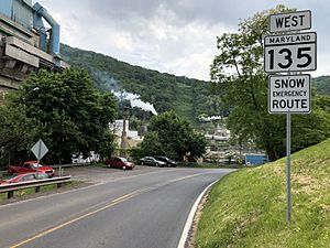 2019-05-17 16 20 47 View west along Maryland State Route 135 (Pratt Street) at Grant Street in Luke, Allegany County, Maryland