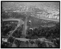 AERIAL VIEW OF ARROYO SECO PARKWAY AT ELYSIAN PARK SHOWING FIGUEROA STREET TUNNELS. NOTE PARK ROW BRIDGE AT BOTTOM. LOOKING NE. - Arroyo Seco Parkway, Los Angeles to Pasadena, HAER CAL,19-LOSAN,83-24