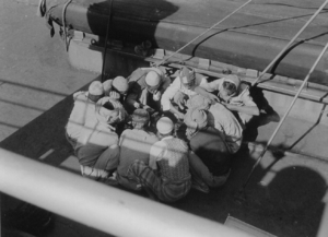 Aboard the German cargo ship MS Bernhard Howaldt, Arab port workers during their common lunch - 1958