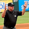 Bill Miller umpire signals a foul ball in Texas in 2014