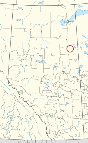 A map of the province of Alberta showing 80 counties and 145 small Indian reserves. One is highlighted with a red circle.