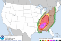 This version of the map shows a 45% probability of a tornado within 25 miles of a given point in the highest risk area, and a 10% chance of a significant tornado.