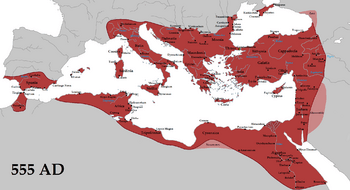 The Empire at its greatest extent in 555 CE underJustinian the Great (its vassals in pink)