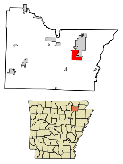 Location of Hoxie in Lawrence County, Arkansas.