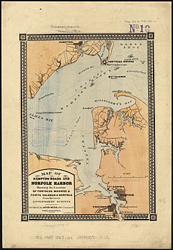 Map of Hampton Roads and Norfolk Harbor, showing the location of Fortress Monroe & Forts Calhoun & Norfolk from the latest government surveys (6093619299)