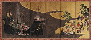 Nanban Byobu Folding Screen Carrack Portuguese Traders in Nagasaki by Kano Domi