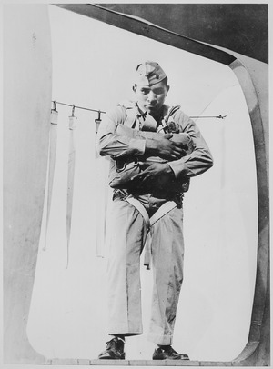 Pfc. Ira H. Hayes, a Pima, at age 19, ready to jump, Marine Corps Paratroop School, 1943 - NARA - 519164