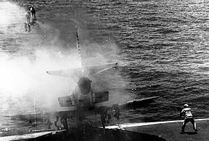 Pilot ejects from a Douglas A-4E Skyhawk of VA-152 aboard USS Shangri-La (CVS-38), 2 July 1970 (NH 90350)