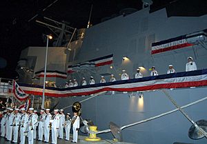 Sailors man the rails of USS Trayer (BST 21)