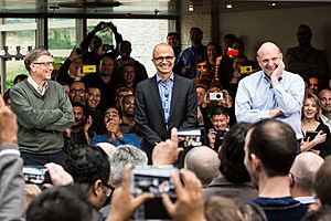 Satya Nadella, CEO of Microsoft, with former CEOs Bill Gates, and Steve Ballmer