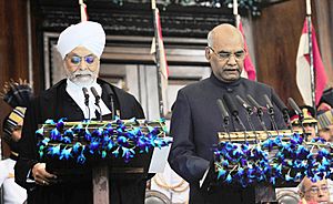 The Chief Justice of India, Shri Justice J.S. Khehar administering the oath of the office of the President of India to Shri Ram Nath Kovind, at a swearing-in ceremony in the central hall of Parliament, in New Delhi