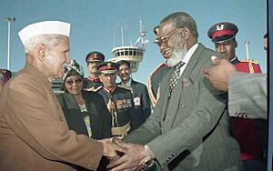 The President of India, Dr. Shankar Dayal Sharma along with the President, Namibia, Mr. Sam Nujoma, during ceremonial departure at Eros airport, Windhoek
