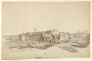 The fort of Hosur, 1792, from the south-west with breached wall and Union flag flying