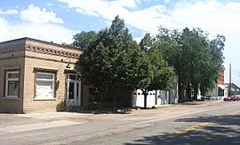 "Old Town Timnath" in 2005. Structures, from left to right (north to south) are the town hall, fire station, and an empty storefront.