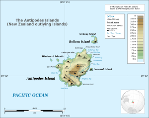 Topographical map of the Antipodes Islands in English
